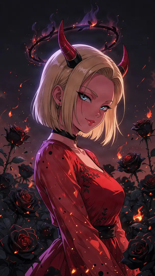 A stylized illustration depicts Android 18 from Dragon Ball reimagined with red demon horns and a fiery black halo, wearing a red dress amidst a dark background of black roses and glowing embers.