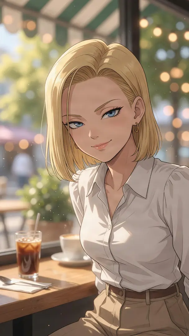 Android 18 from Dragon Ball smiles softly while sitting at a sunlit cafe table with an iced coffee, wearing a white button-down shirt and tan pants.