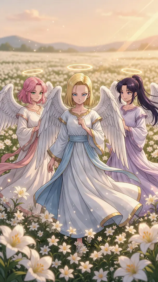 Android 18 from Dragon Ball, depicted as an angel with white wings and a halo, stands in a sunlit field of white lilies alongside two other winged women in flowing robes.