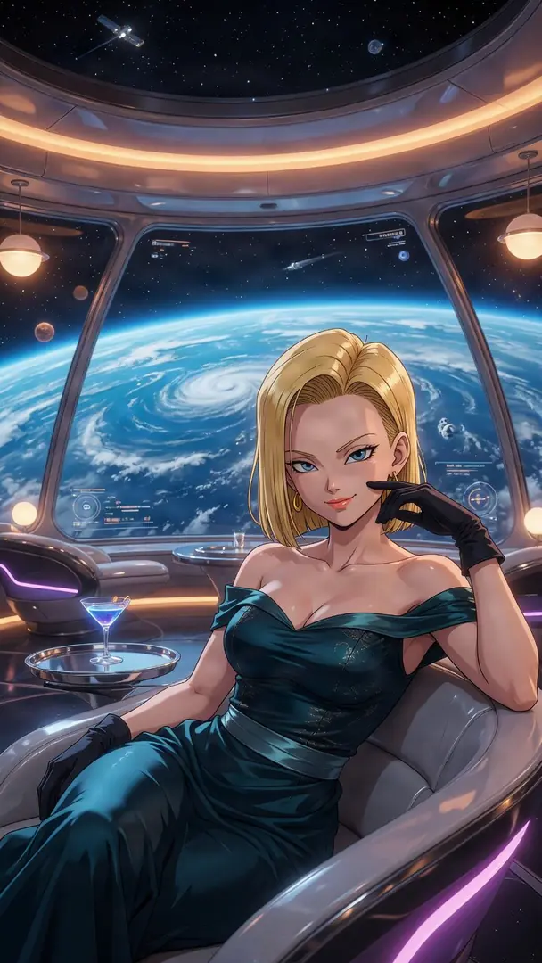 Android 18 from Dragon Ball, dressed in an elegant off-the-shoulder teal gown and black gloves, sits confidently in a futuristic space lounge with a large window overlooking Earth.