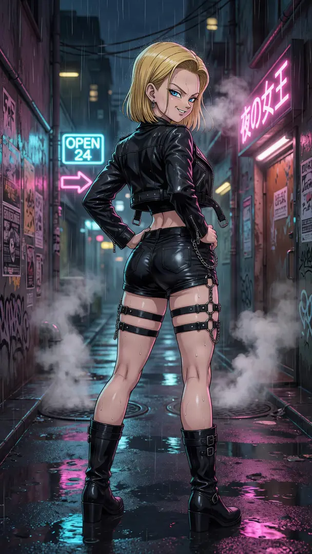 Android 18 from Dragon Ball smirks over her shoulder while standing in a rainy, neon-lit alleyway wearing a cropped black leather jacket, shorts, and thigh harnesses.