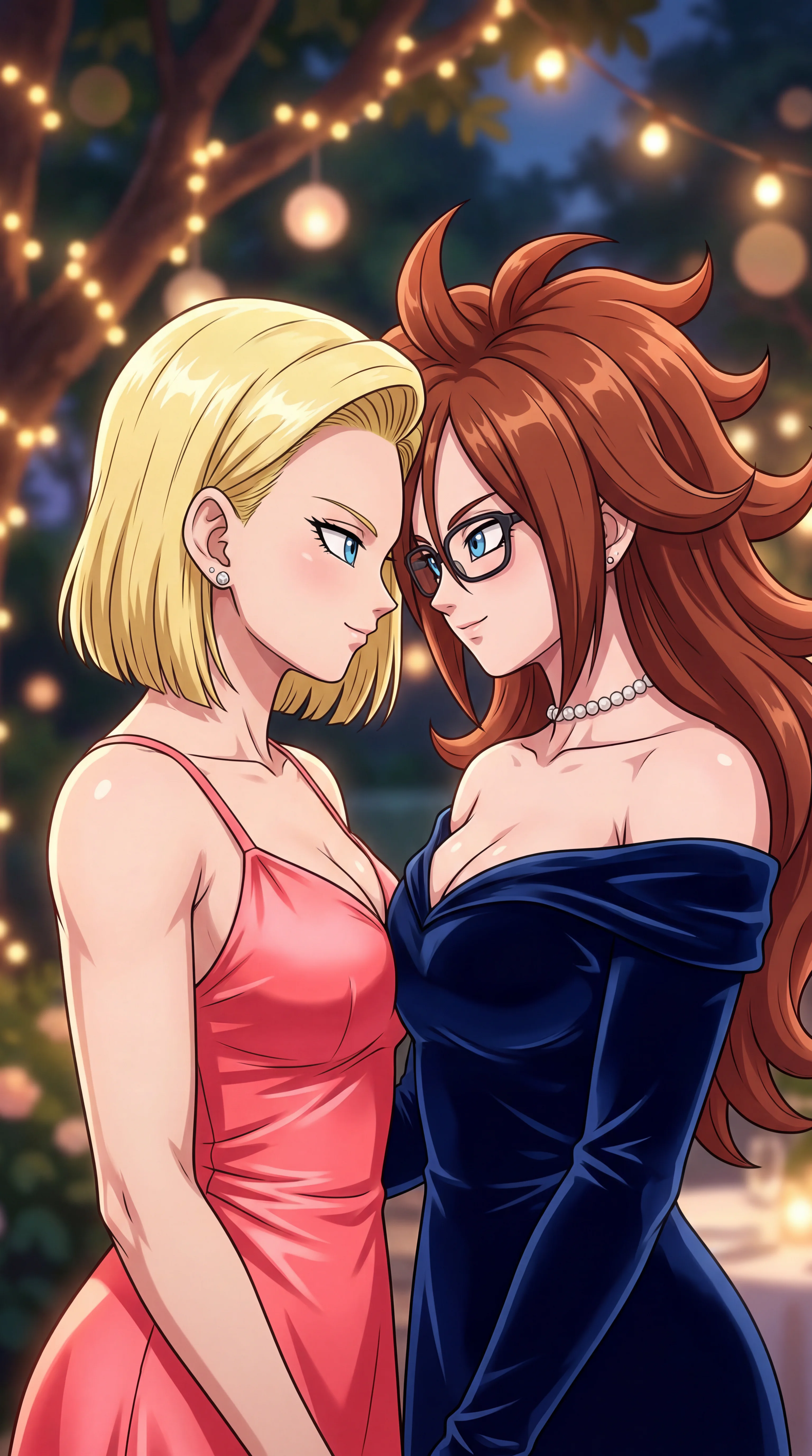 Two anime-style women, a blonde in a pink dress and an auburn-haired woman with glasses in a dark blue dress, stand intimately close and gaze into each other's eyes under warm outdoor string lights.