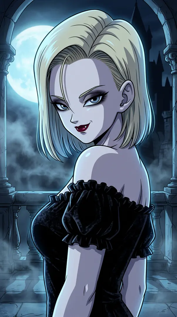 Android 18 from Dragon Ball smirks over her shoulder, revealing vampire fangs and wearing a black off-the-shoulder dress against a foggy, moonlit gothic background.