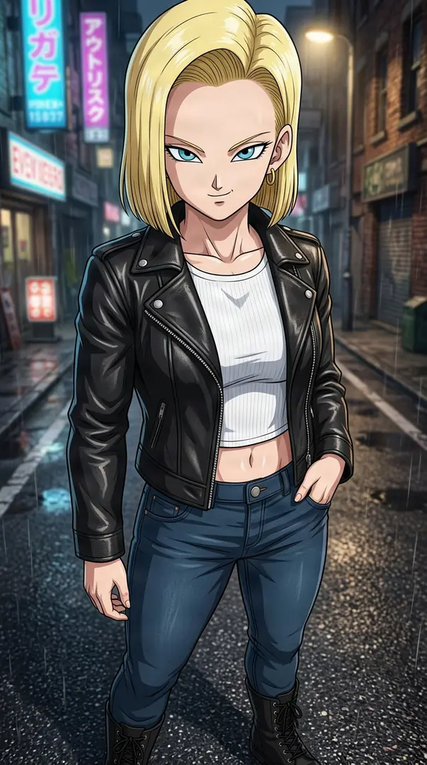 Android 18 from Dragon Ball stands confidently on a wet, neon-lit city street wearing a black leather jacket, a white crop top, and blue jeans with one hand in her pocket.