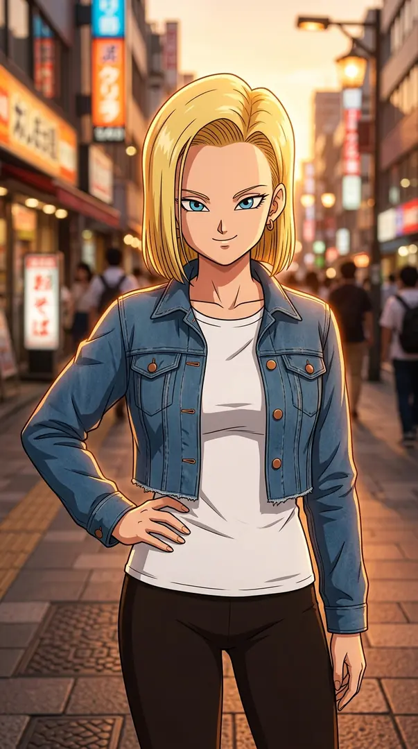 Android 18 from Dragon Ball stands confidently with one hand on her hip on a warmly lit city street, wearing a cropped blue denim jacket, a white shirt, and black pants.