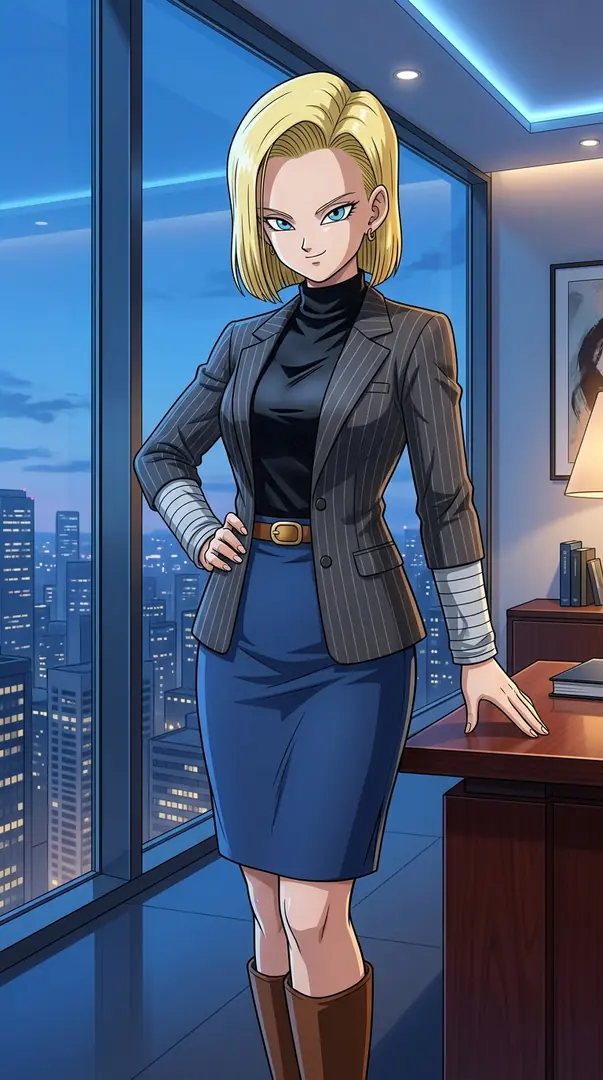 Android 18 from Dragon Ball stands confidently by a desk in a high-rise office overlooking a twilight cityscape, dressed in a professional grey striped blazer, black turtleneck, and blue skirt.