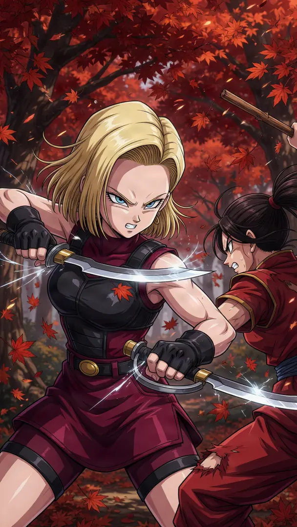 Android 18 from Dragon Ball dual-wields gleaming swords as she fiercely battles a staff-wielding opponent in an autumn forest surrounded by falling red leaves.
