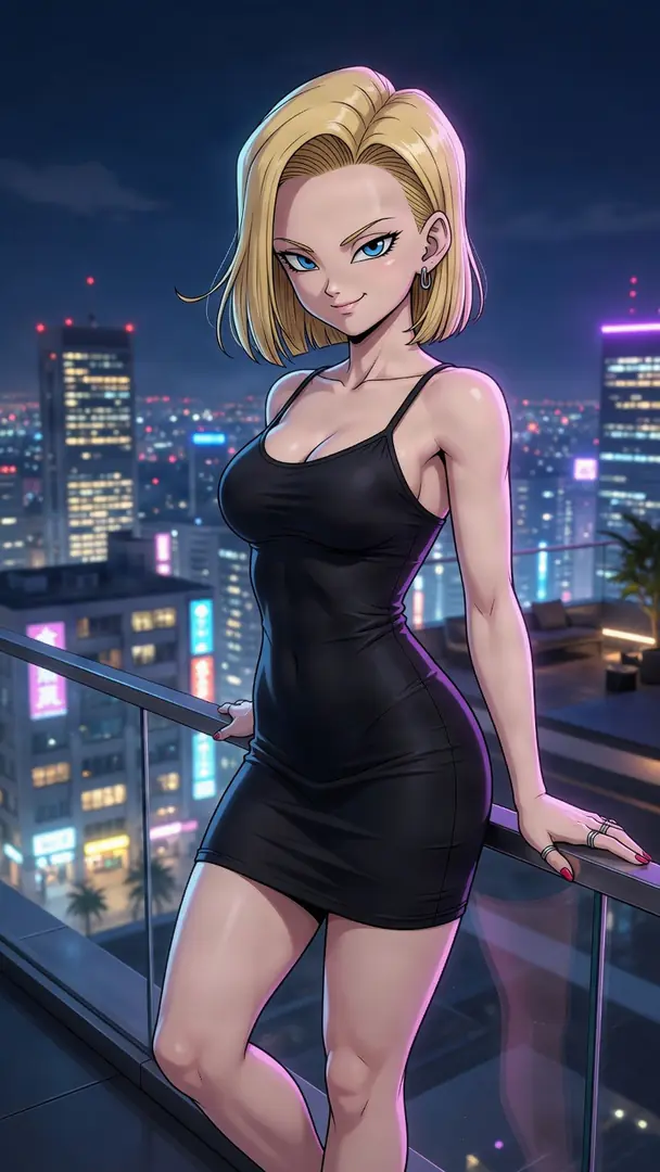 Android 18 from Dragon Ball leans against a glass balcony overlooking a neon-lit cityscape at night while wearing a sleek black dress.