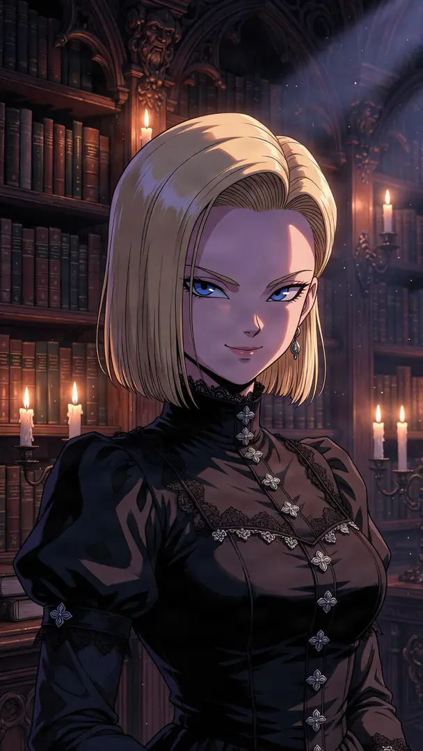 Android 18 from Dragon Ball smirks confidently while standing in a dimly lit, candlelit library wearing an elegant black gothic dress adorned with lace and silver buttons.