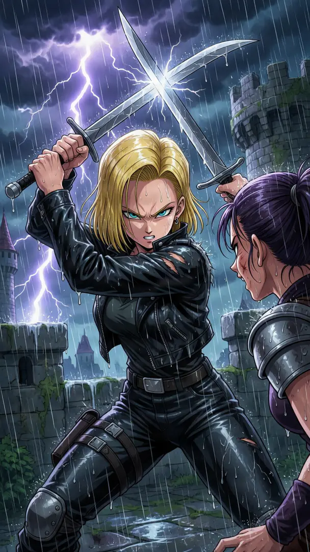 Android 18 from Dragon Ball fiercely crosses swords with a purple-haired opponent in the pouring rain against a dramatic backdrop of a lightning-lit stone castle.