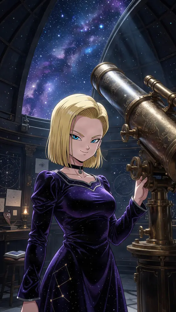 Android 18 from Dragon Ball, wearing a starry purple dress, stands in a dimly lit observatory and rests her hand on a large brass telescope against the backdrop of a vibrant cosmic sky.