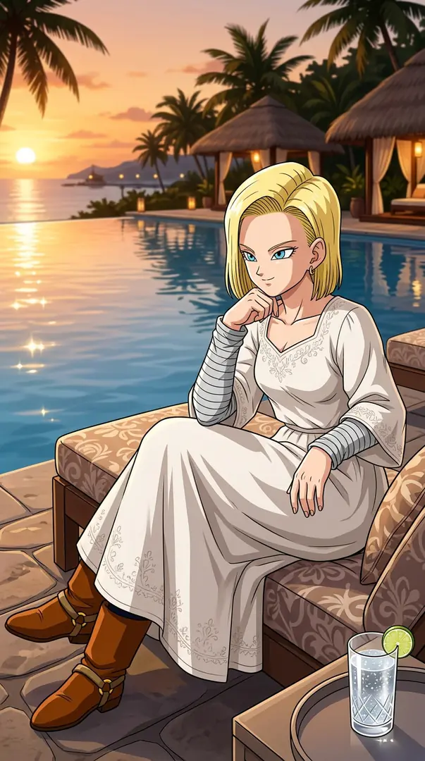 Android 18 from Dragon Ball sits on a lounge chair beside a tropical infinity pool at sunset, wearing a long white dress and brown boots.