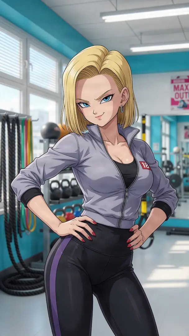 Android 18 from Dragon Ball stands confidently with her hands on her hips in a gym, wearing a grey athletic jacket and black leggings with purple stripes.