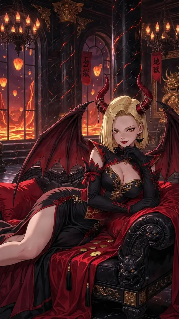 Android 18 from Dragon Ball is reimagined as a demon with red horns and wings, elegantly reclining on an ornate gothic sofa in a fiery underworld setting.