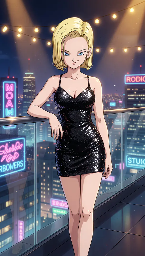 Android 18 from Dragon Ball leans against a glass balcony overlooking a neon nighttime cityscape while wearing a sparkling black mini dress.