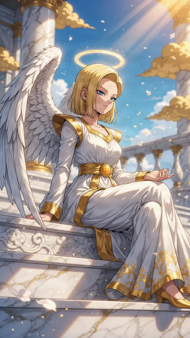 Android 18 from Dragon Ball is depicted as an angel with white wings and a glowing golden halo, sitting gracefully on marble steps in a flowing white and gold gown against a heavenly backdrop.
