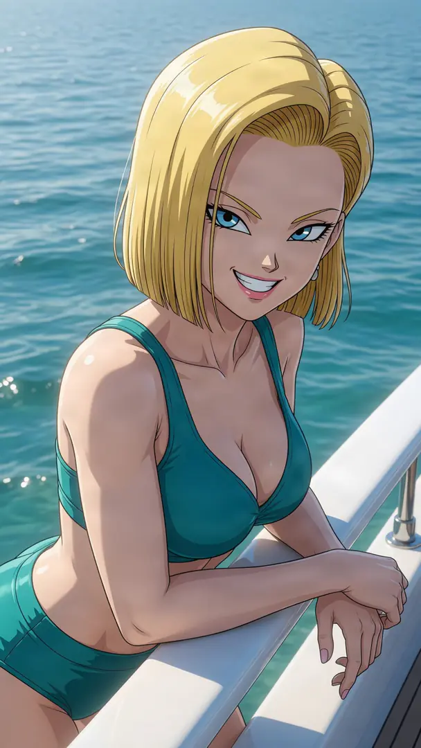 Android 18 from Dragon Ball smiles as she leans against a white boat railing in a teal two-piece swimsuit with the sparkling blue ocean behind her.