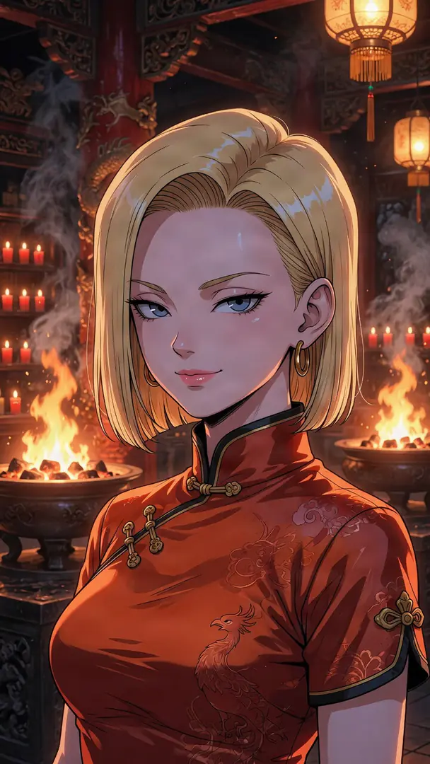 Android 18 from Dragon Ball wears a red cheongsam and smiles softly in a smoky, lantern-lit temple surrounded by burning braziers.