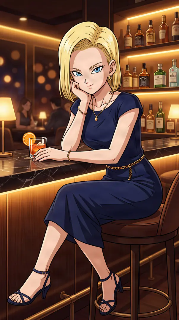 Android 18 from Dragon Ball sits on a barstool in an elegant navy dress, resting her chin on her hand next to a cocktail in a warmly lit lounge.