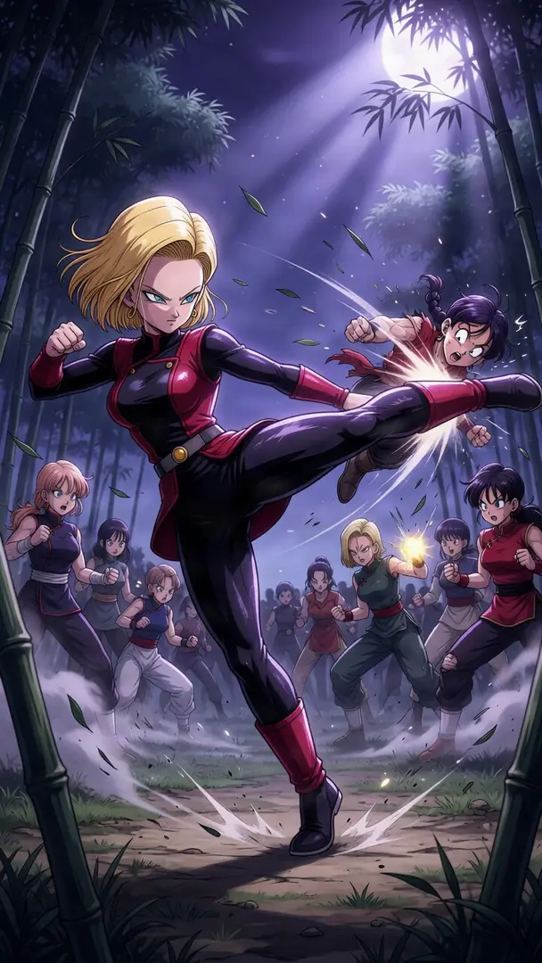 Android 18 from Dragon Ball delivers a powerful high kick to an airborne opponent in a moonlit bamboo forest while surrounded by a group of female fighters.