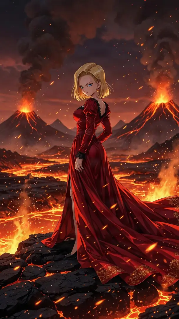 Android 18 from Dragon Ball looks over her shoulder while wearing a flowing red gown amidst a fiery landscape of erupting volcanoes and glowing lava.