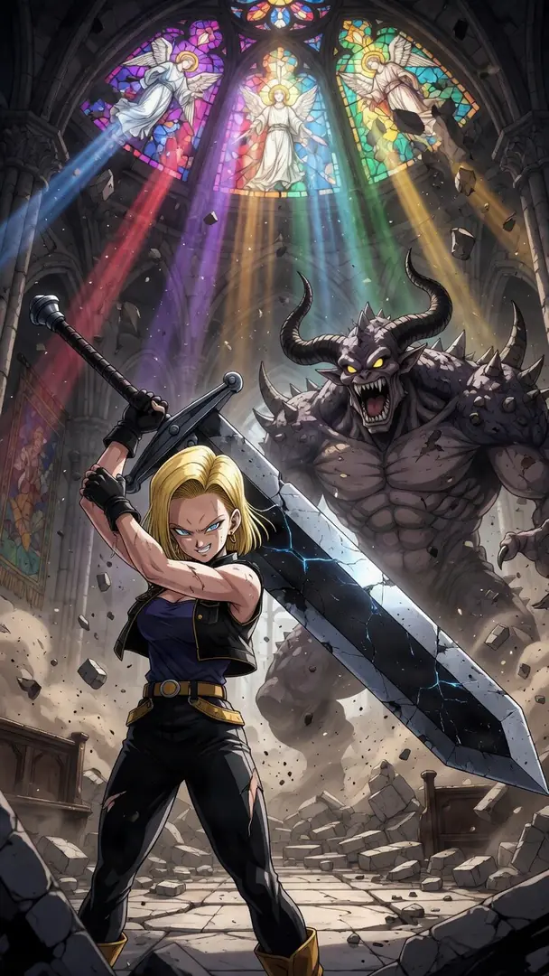 Android 18 from Dragon Ball wields a massive sword with a confident smirk as a giant, horned demon roars behind her inside a ruined cathedral illuminated by stained glass windows.