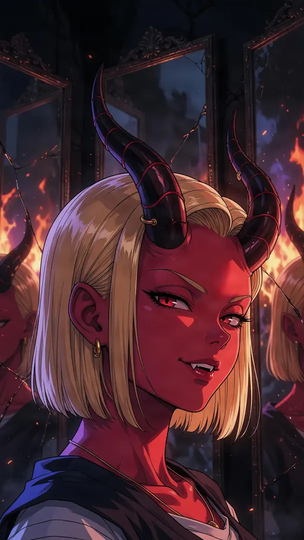 Android 18 from Dragon Ball is reimagined as a smirking demon with red skin, fangs, and large black horns, standing in front of shattered mirrors reflecting flames.