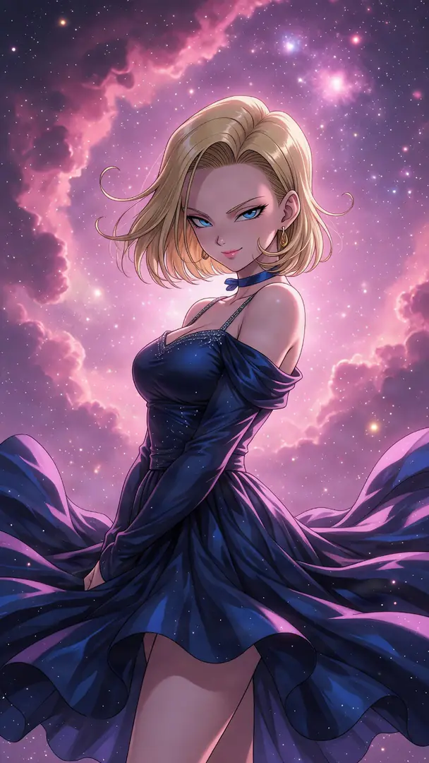 Android 18 from Dragon Ball looks over her shoulder with a subtle smile, wearing a flowing dark blue gown against a vibrant pink and purple starry cosmic background.