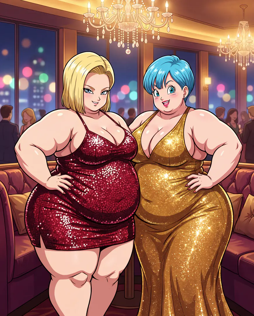 Plus-size depictions of Android 18 in a short, sequined red dress and Bulma in a sparkling, long gold gown stand confidently side-by-side in an elegant lounge overlooking a city skyline.