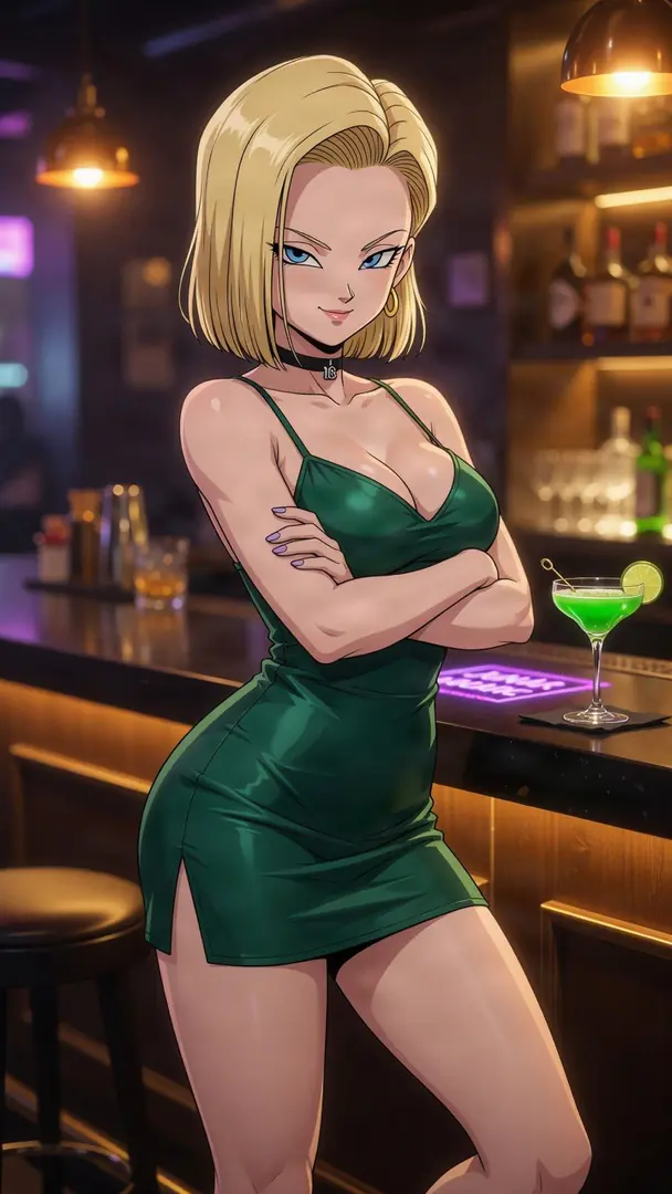Android 18 from Dragon Ball stands confidently with her arms crossed at a dimly lit bar, wearing a short green dress beside a bright green cocktail.