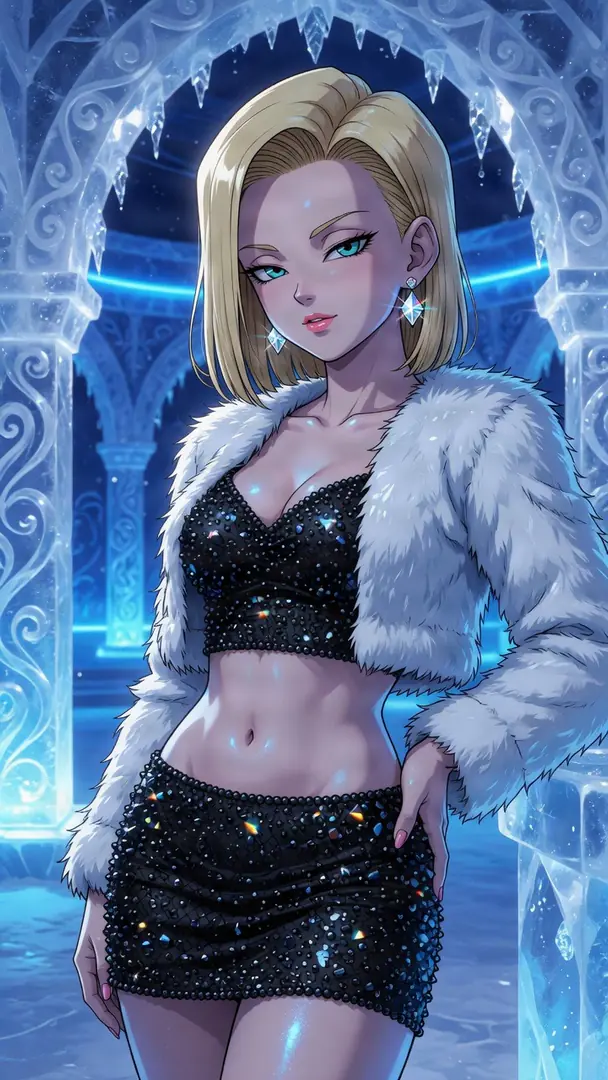 Android 18 in a glossy teal wet-look one-piece swimsuit against an aquarium glass wall of glowing jellyfish.