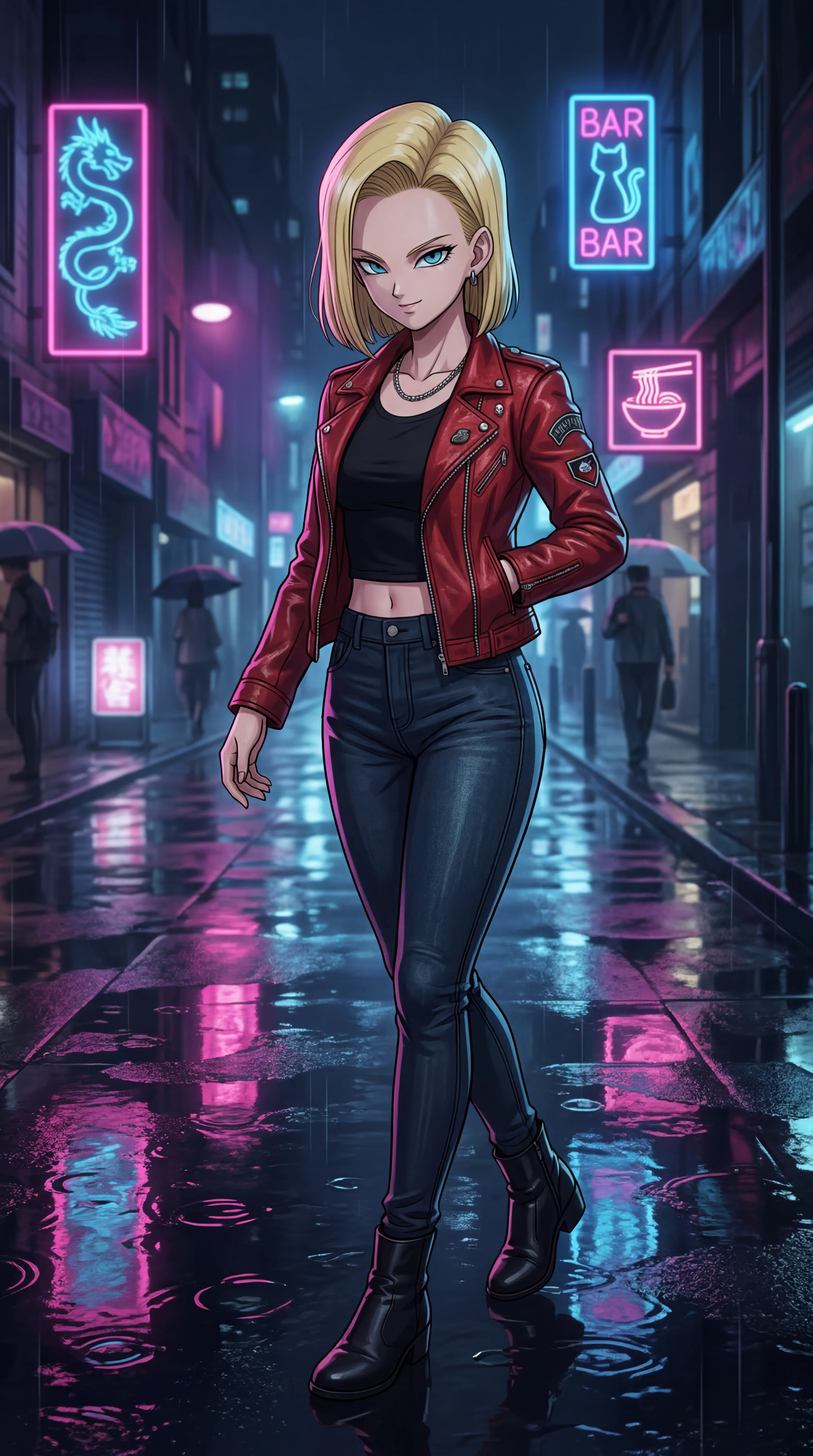 A blonde anime-style woman wearing a red leather jacket and dark jeans walks confidently down a rainy city street illuminated by vibrant pink and blue neon signs reflecting on the wet pavement.