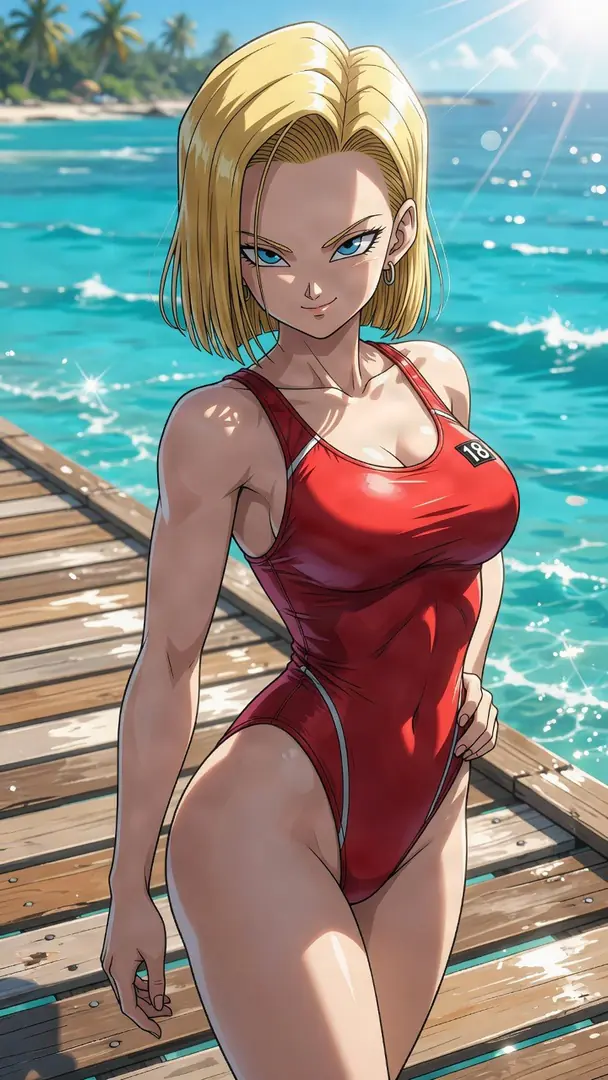 Android 18 from Dragon Ball stands on a sunlit wooden pier by the ocean, wearing a red one-piece swimsuit featuring the number 18.