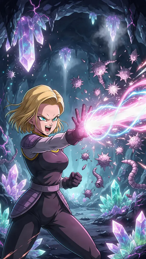 Android 18 from Dragon Ball shouts as she fires a bright pink and blue energy blast from her outstretched hand toward floating spiky creatures inside a glowing crystal cave.