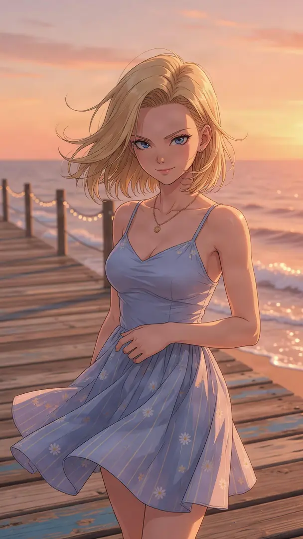 Android 18 from Dragon Ball stands on a wooden pier by the ocean at sunset, wearing a flowing light blue sundress patterned with white daisies.