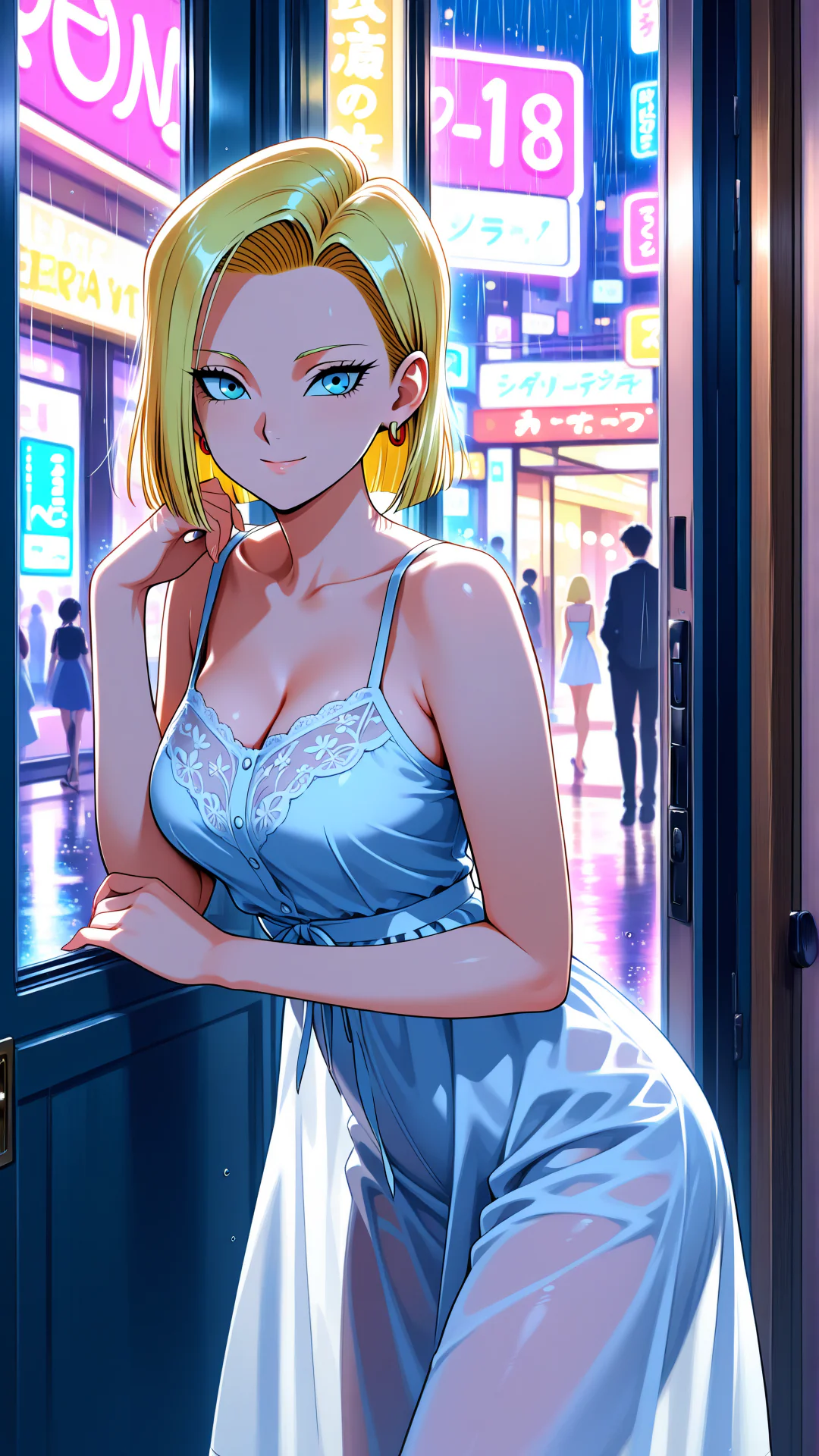 An anime-style woman with short blonde hair wearing a light blue lace dress leans against a doorway overlooking a vibrant, rainy city street illuminated by neon signs.
