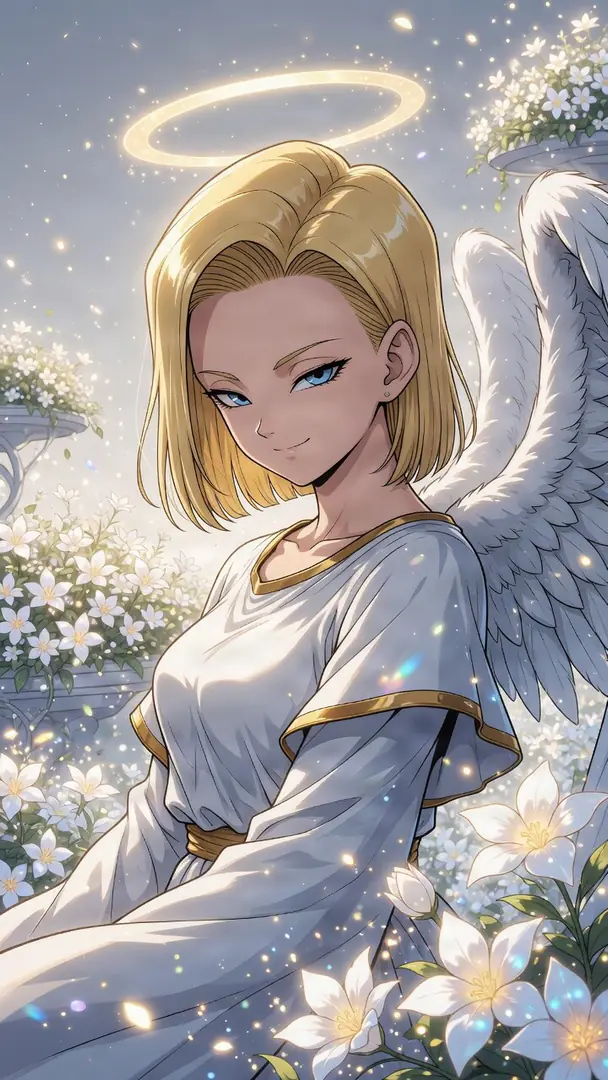 Android 18 from Dragon Ball is depicted as an ethereal angel with white wings and a glowing halo, wearing a flowing white and gold robe amidst a sparkling garden of white flowers.