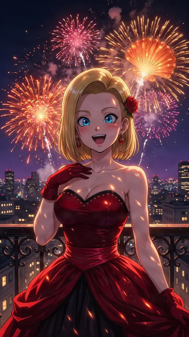 Android 18 from Dragon Ball smiles joyfully in an elegant red gown on a balcony overlooking a glowing nighttime city skyline illuminated by bright fireworks.