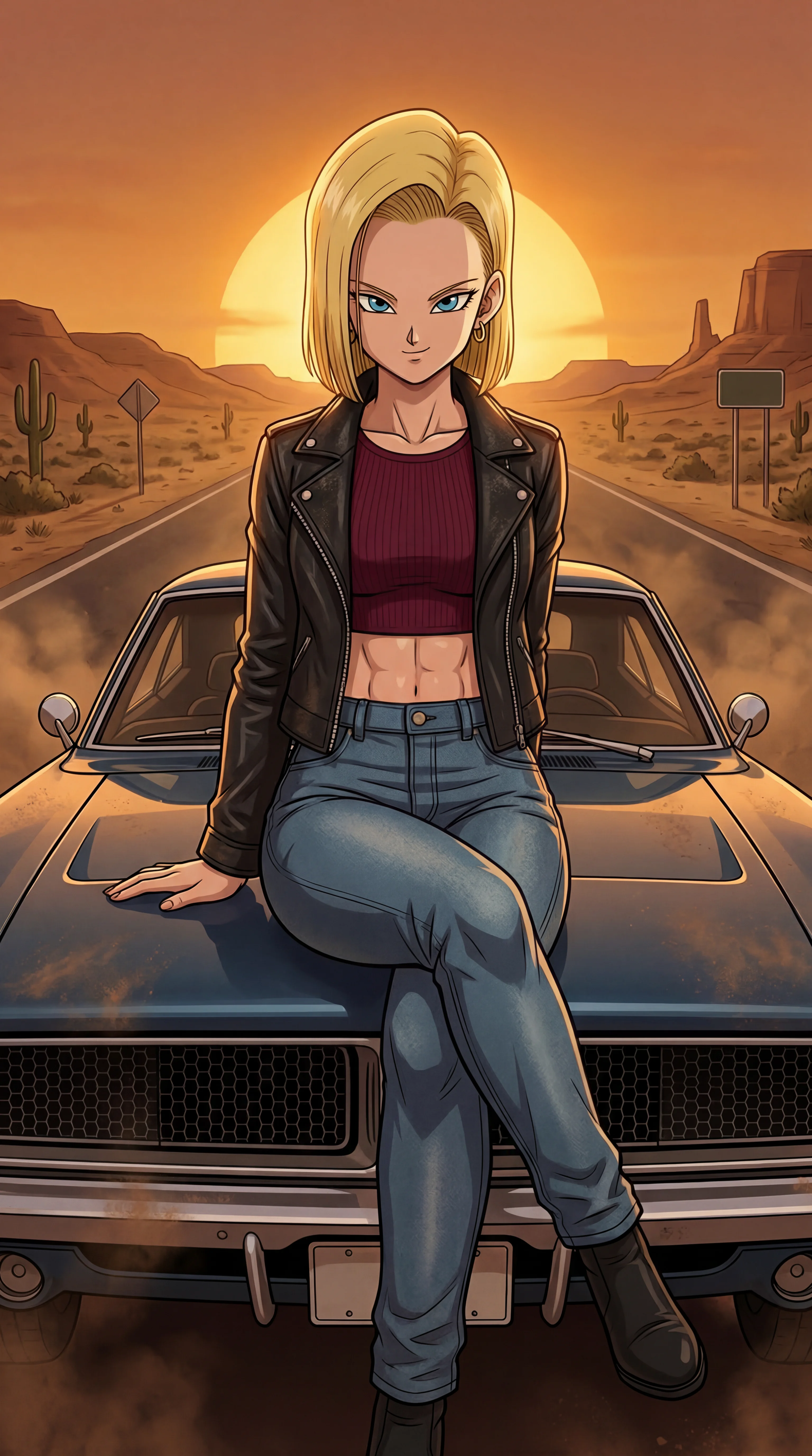 A blonde anime-style woman wearing a black leather jacket and jeans sits cross-legged on the hood of a classic blue car on a desert highway at sunset.