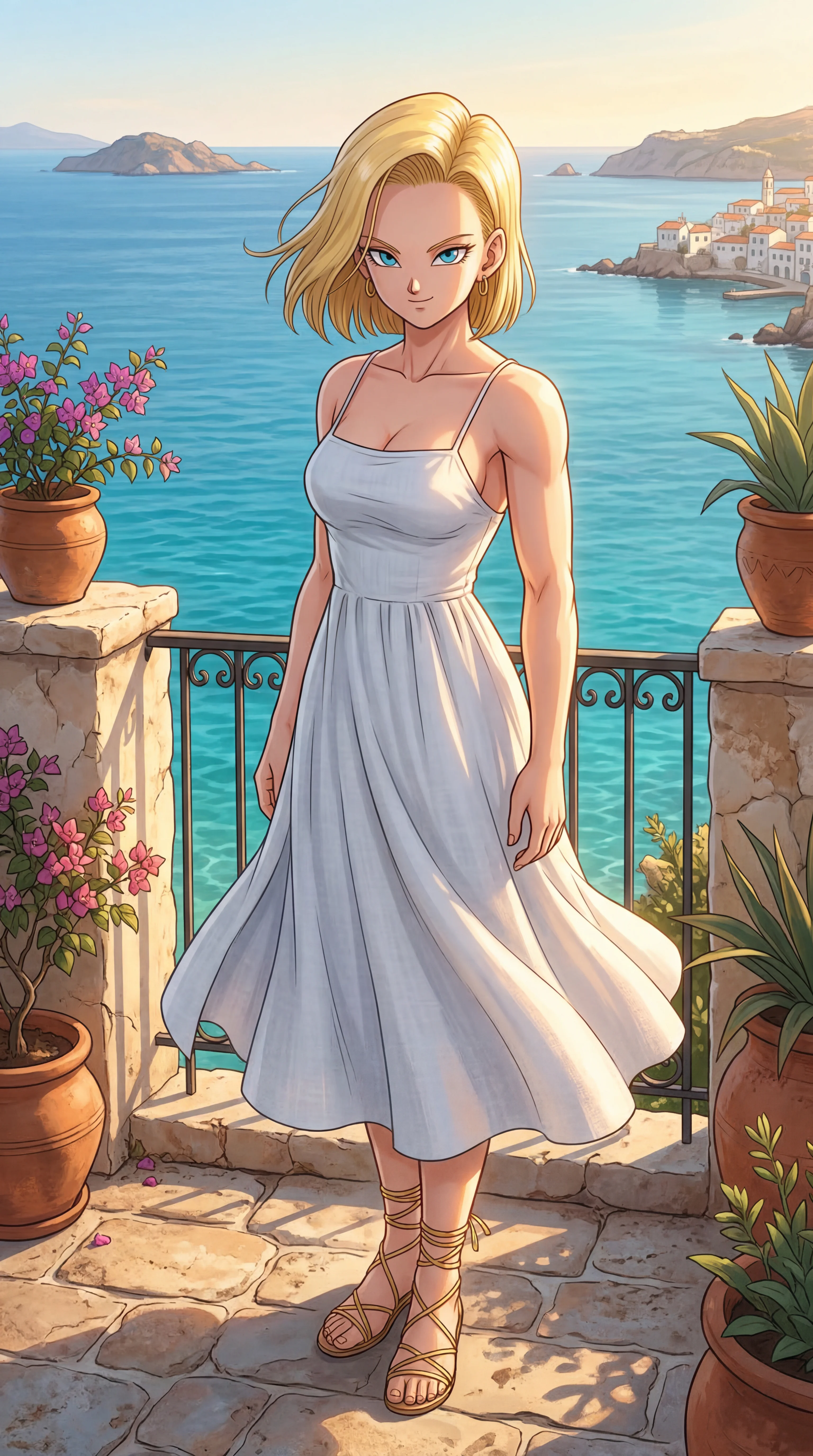 A blonde anime-style woman in a flowing white dress stands on a sunlit stone balcony overlooking a bright blue sea and a distant coastal town.