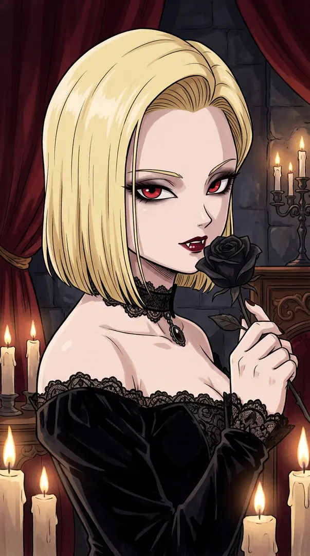 Android 18 from Dragon Ball is depicted as a gothic vampire with glowing red eyes and fangs, wearing an off-the-shoulder black lace dress while holding a black rose in a candlelit room.