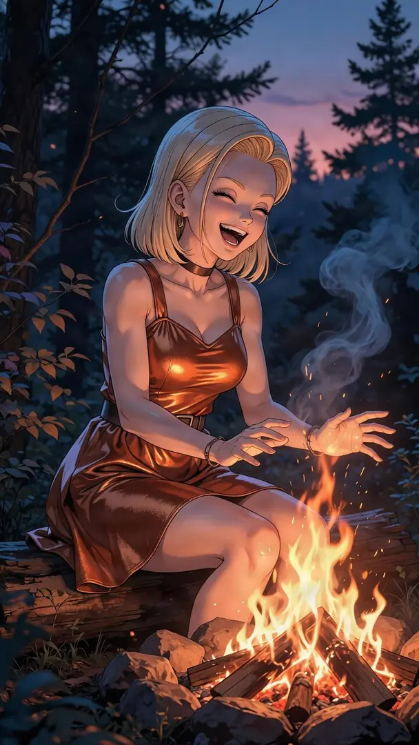 Wearing a shiny bronze dress, Android 18 from Dragon Ball laughs cheerfully as she sits on a log warming her hands by a crackling forest campfire.