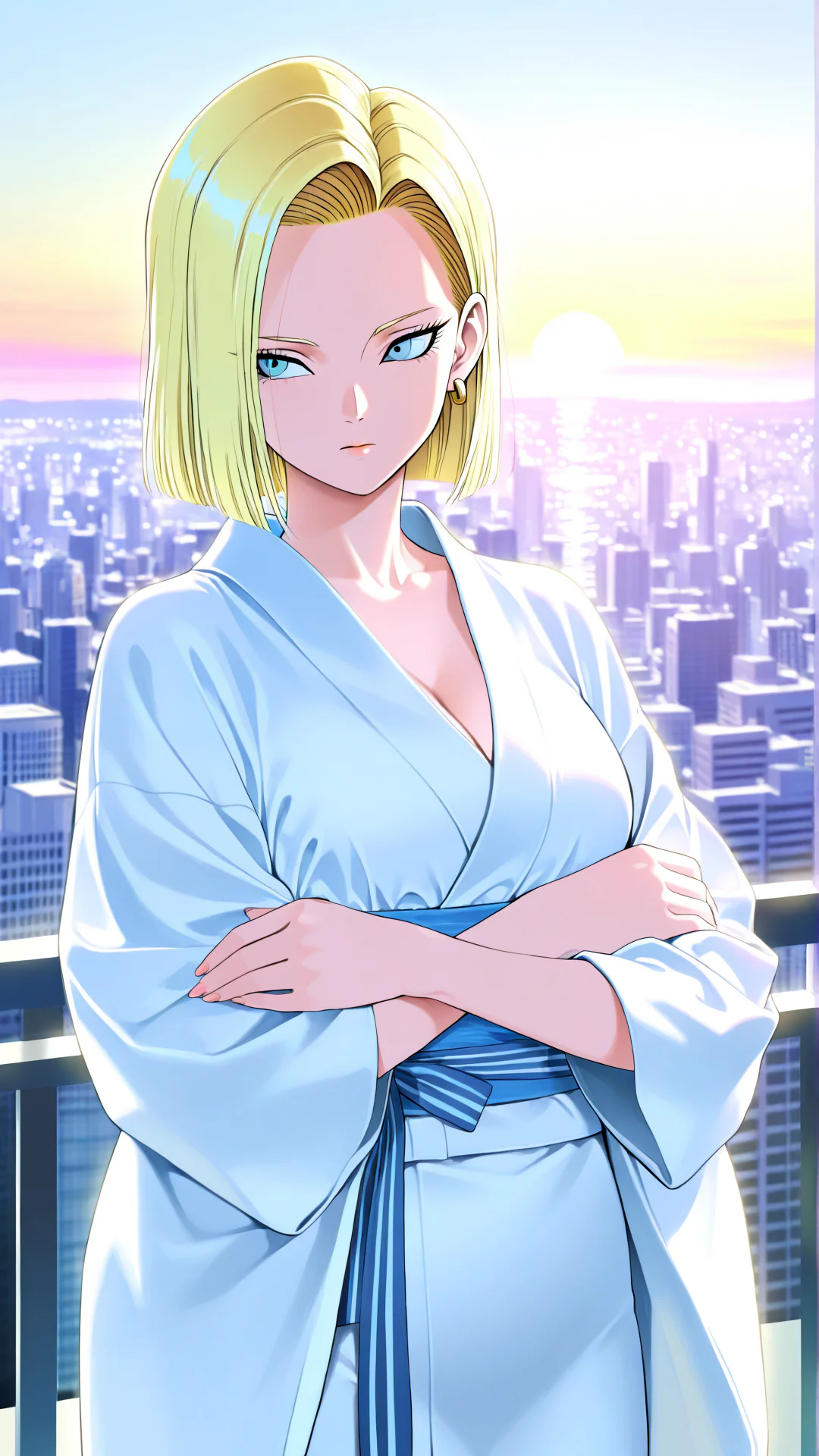 A blonde anime-style woman with bright blue eyes and a serious expression stands with crossed arms in a white robe and blue sash, overlooking a modern city skyline at sunrise.