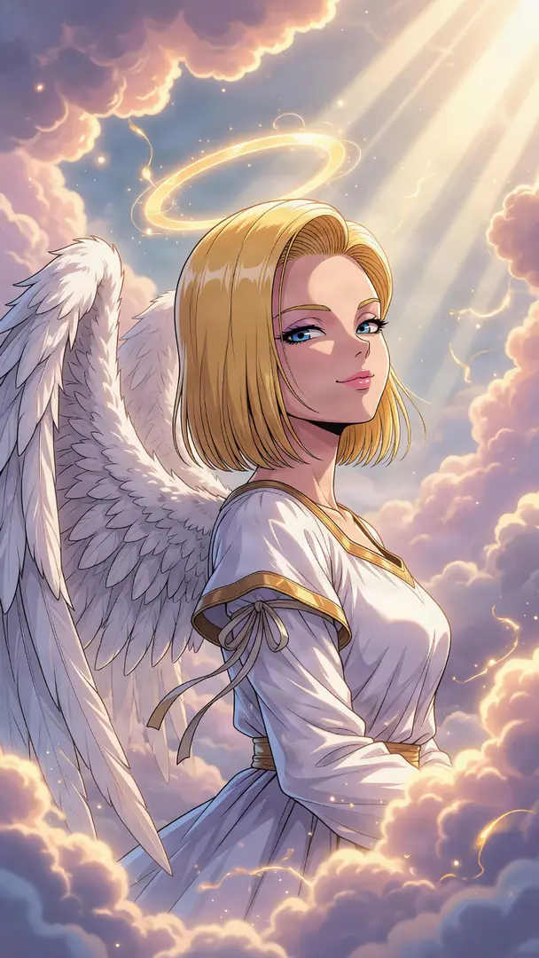 Android 18 from Dragon Ball appears as an angel with white feathered wings and a glowing halo, looking over her shoulder while wearing a flowing white robe among sunlit clouds.