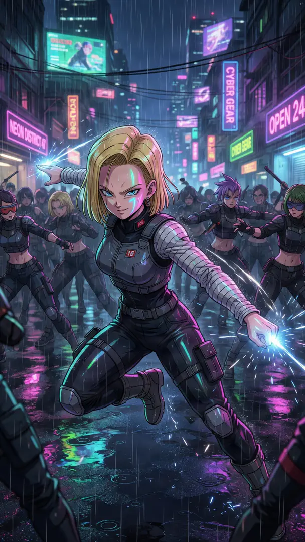 Android 18 from Dragon Ball strikes a dynamic combat pose with glowing blue energy in her hands while surrounded by tactical fighters in a rainy, neon-lit cyberpunk street.