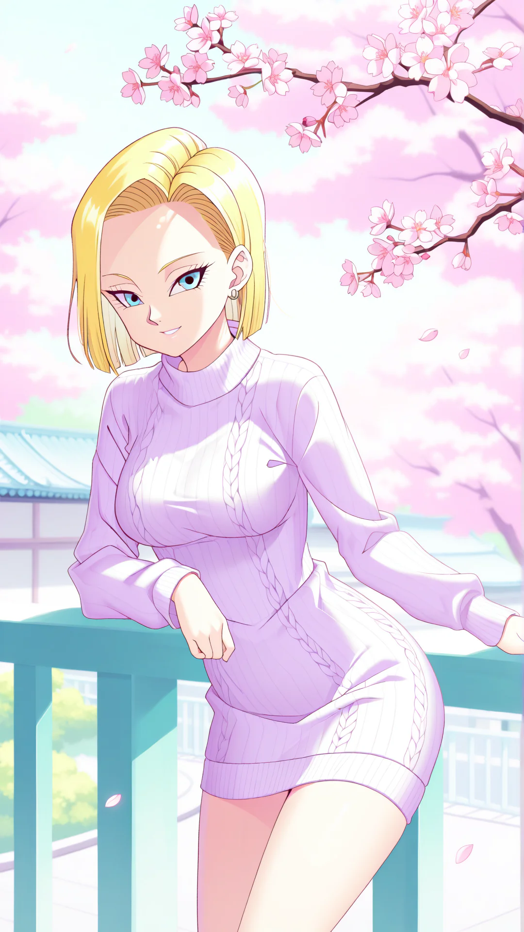 A blonde anime woman with blue eyes wearing a lavender sweater dress leans against a teal railing under blooming pink cherry blossoms.