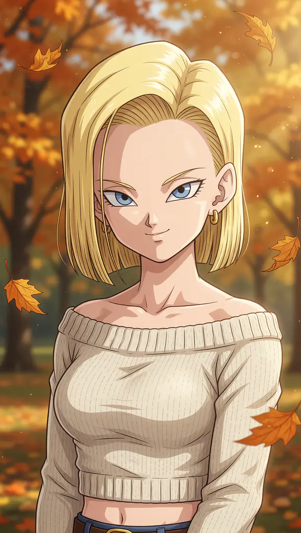Android 18 from Dragon Ball wears a cream off-the-shoulder ribbed sweater and a confident smile against a sunlit autumn backdrop with falling orange leaves.