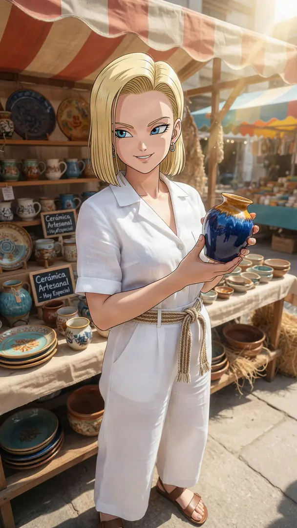 Android 18 from Dragon Ball, wearing a casual white jumpsuit, smiles while holding a blue and gold ceramic vase at a sunny outdoor pottery market.