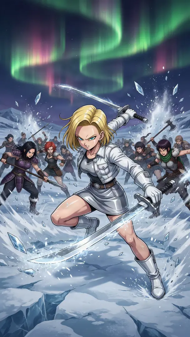 Android 18 from Dragon Ball dual-wields swords while leading a charge of armed female warriors across a shattered icy landscape beneath the northern lights.