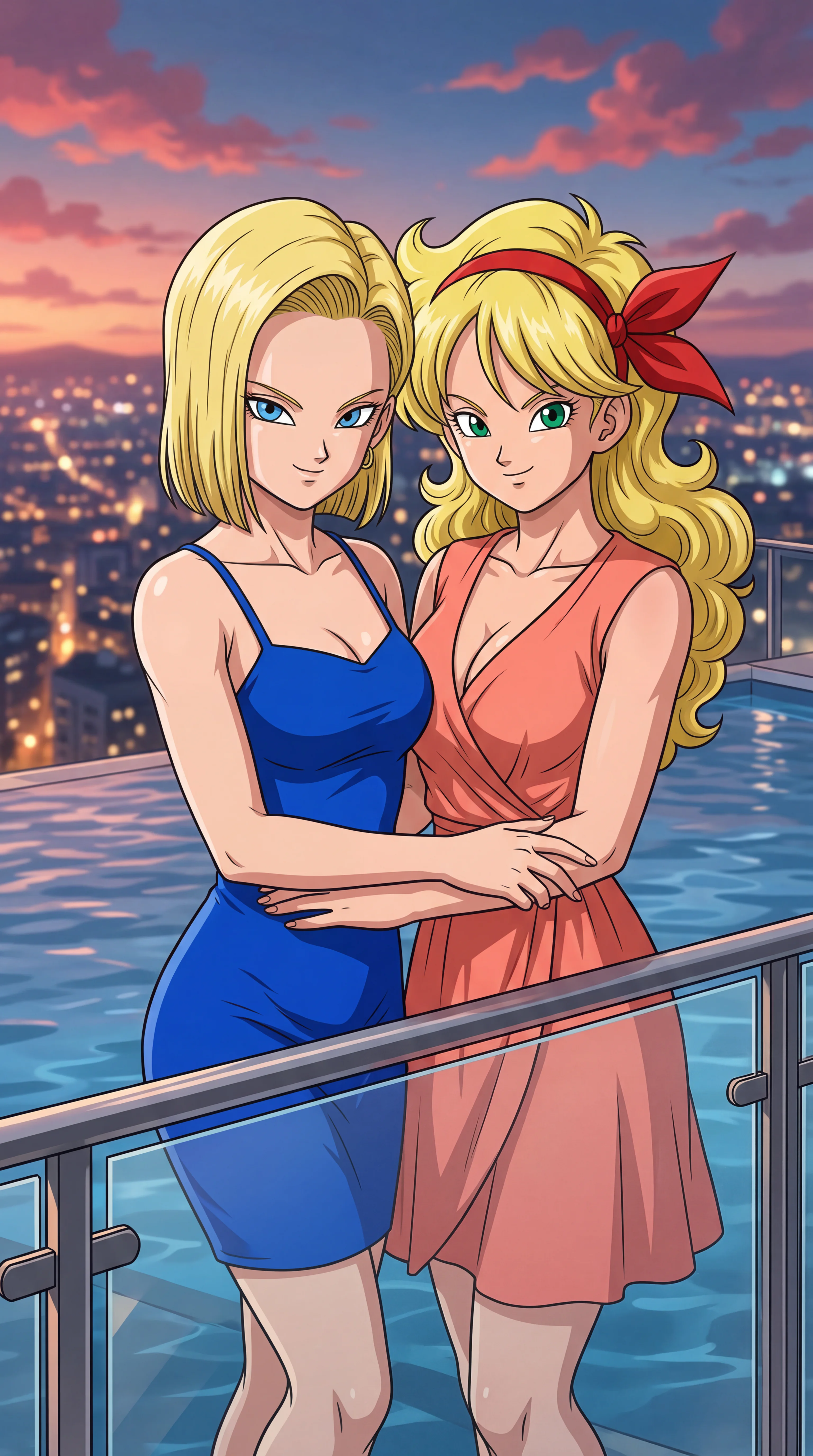 Two blonde anime women, one in a blue dress and the other in a peach dress with a red headband, embrace on a balcony overlooking a swimming pool and a city skyline at sunset.